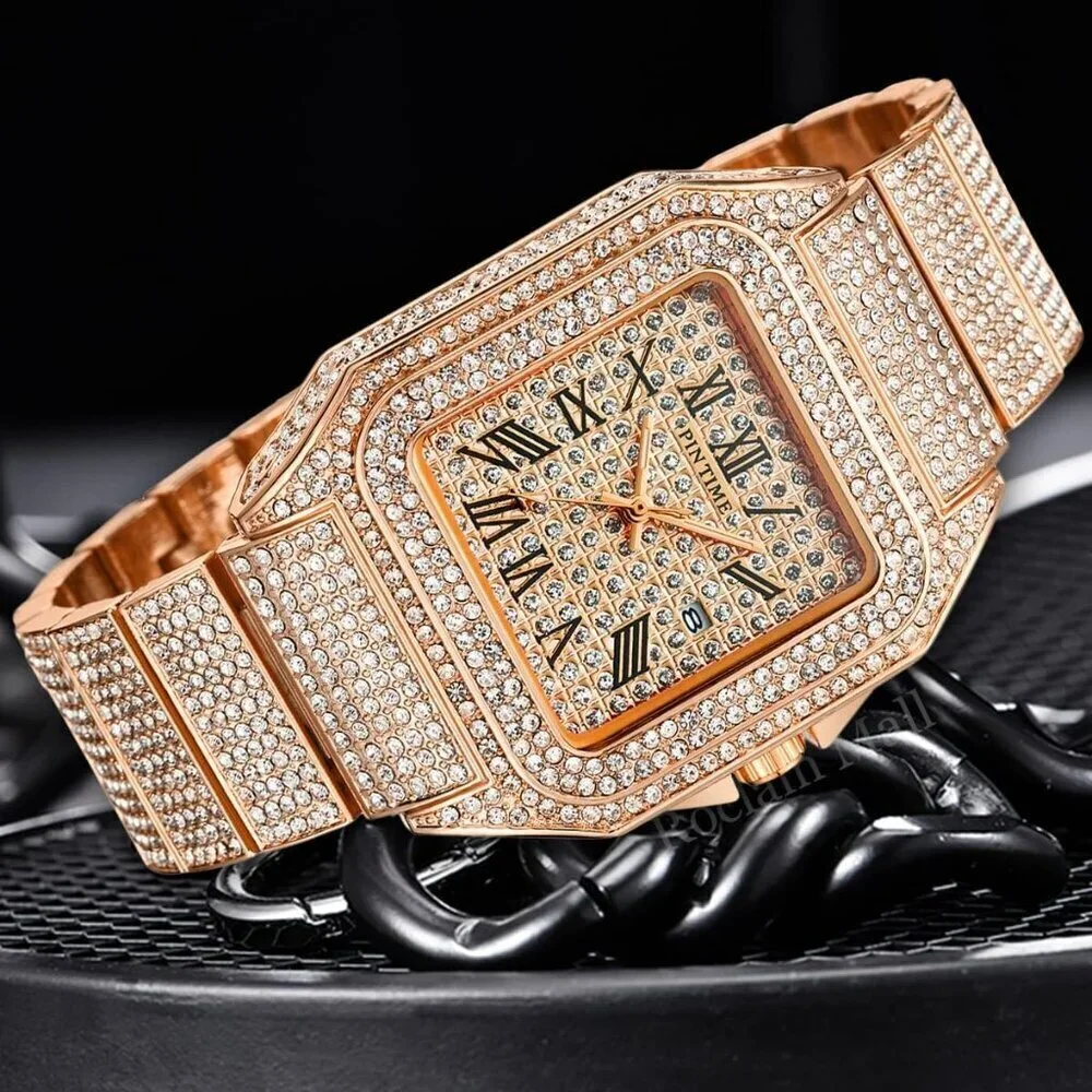 Men's Rose Gold Crystal Bling Rectangle Case Stainless Steel Quartz Analog Watch